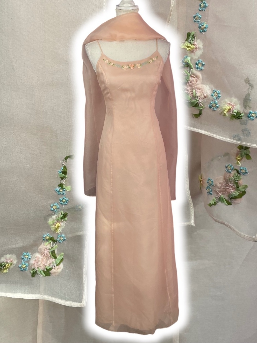 100% Silk Floral Embroidered Gown 2 Organza Blush Pink Coral Maxi Dress Column